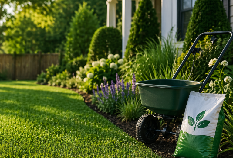 atural lawn care setup with healthy green grass, garden spreader, and organic fertilizer for eco-friendly landscaping by True Earth Solutions