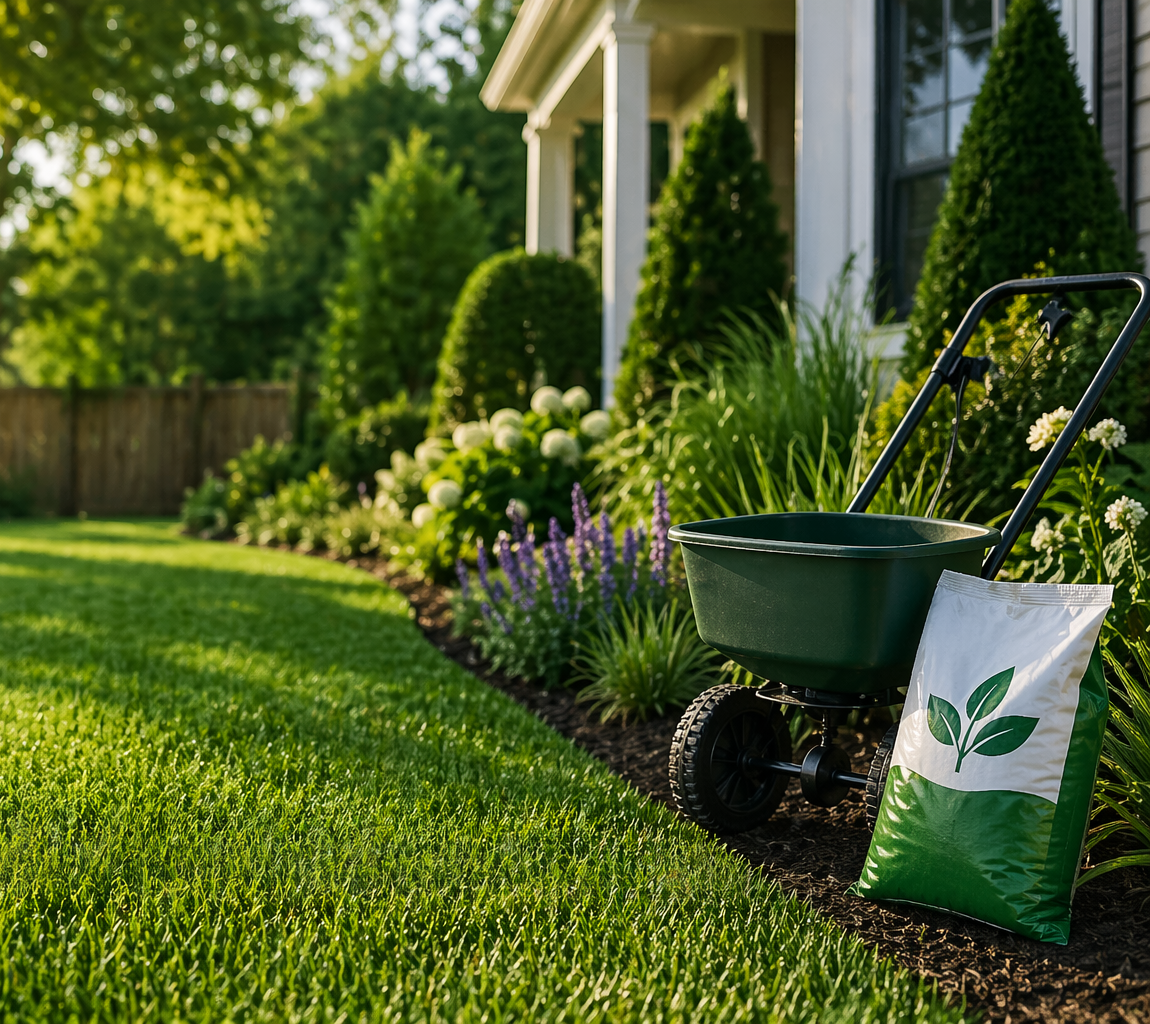 atural lawn care setup with healthy green grass, garden spreader, and organic fertilizer for eco-friendly landscaping by True Earth Solutions