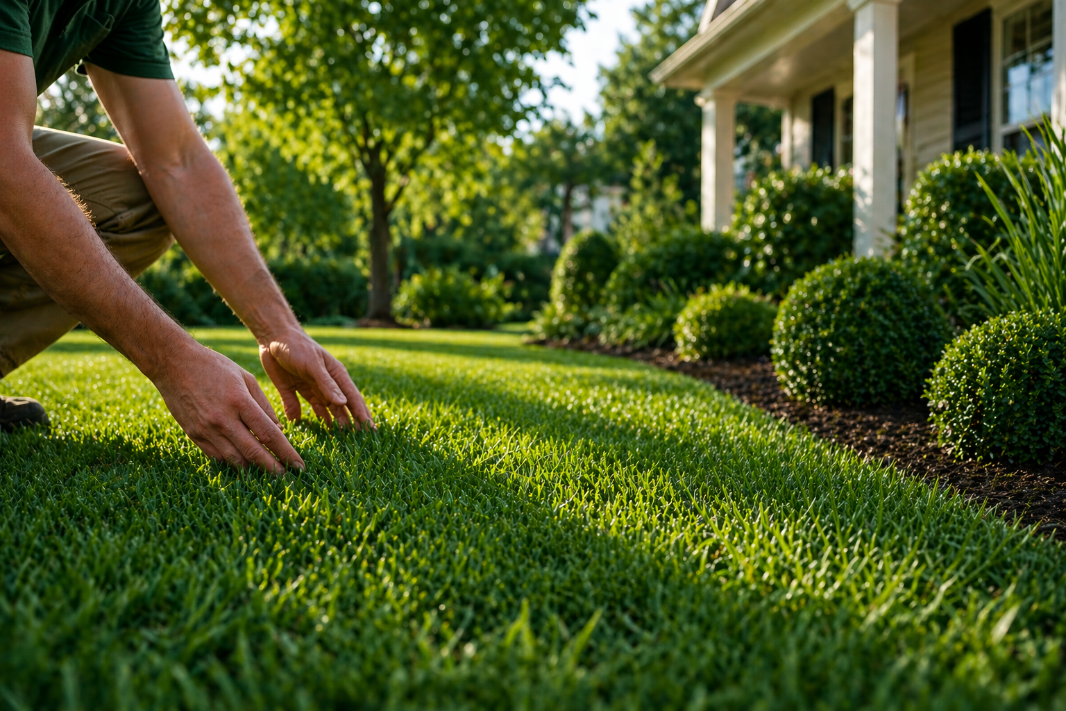 Close-up of a gardener kneeling and brushing the green lawn in front of a house with trimmed bushes nearby.