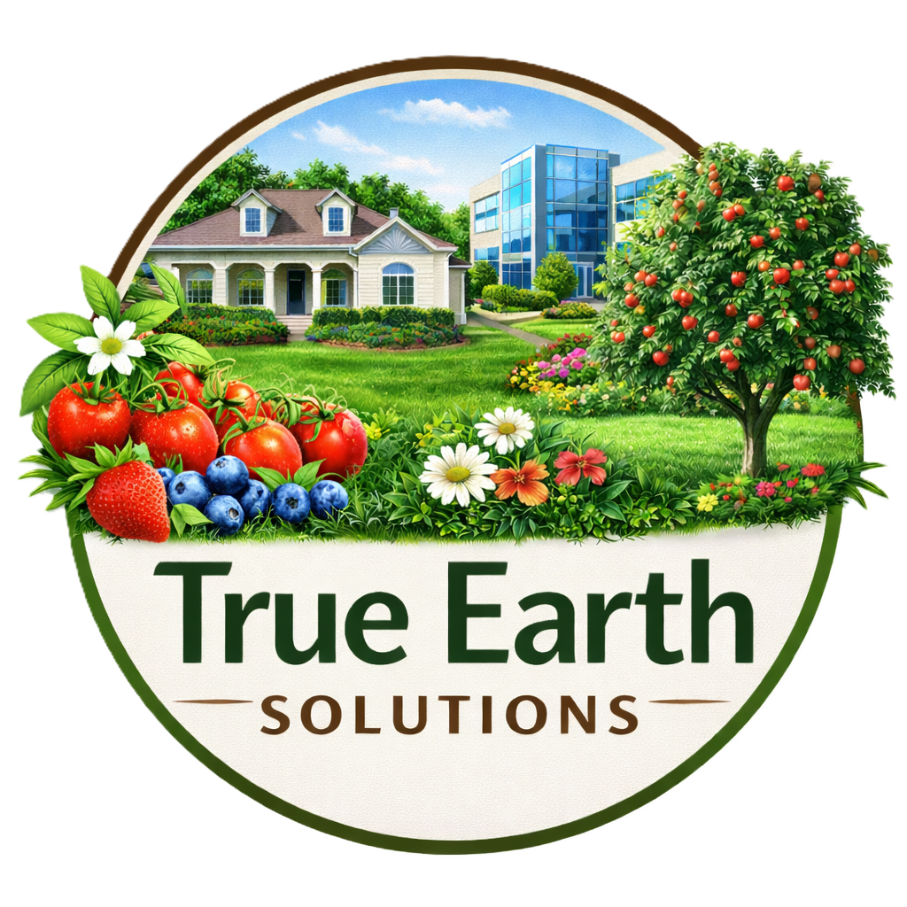 Logo for True Earth Solutions: a circular scene with a house, a modern building, fruit trees, flowers, and a green lawn inside a ring edge.