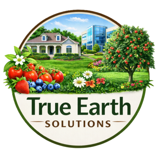 Logo for True Earth Solutions: a circular scene with a house, a modern building, fruit trees, flowers, and a green lawn inside a ring edge.