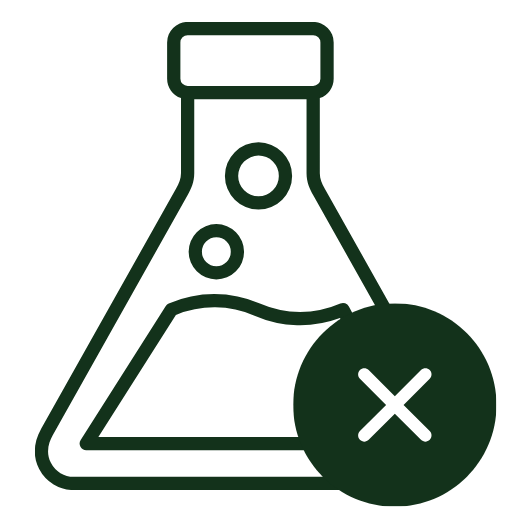 Prohibited chemical flask icon: outline Erlenmeyer with a green X badge showing 'not allowed'.