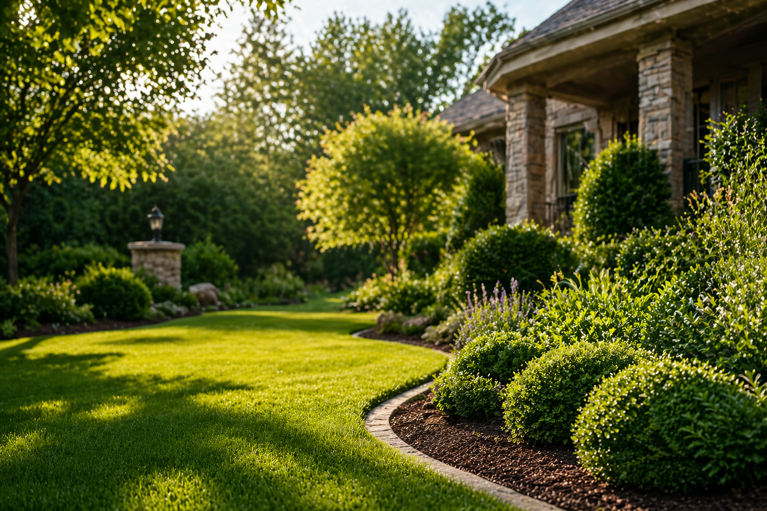 Professional residential landscaping with lush green lawn, trimmed shrubs, and garden design by True Earth Solutions”
