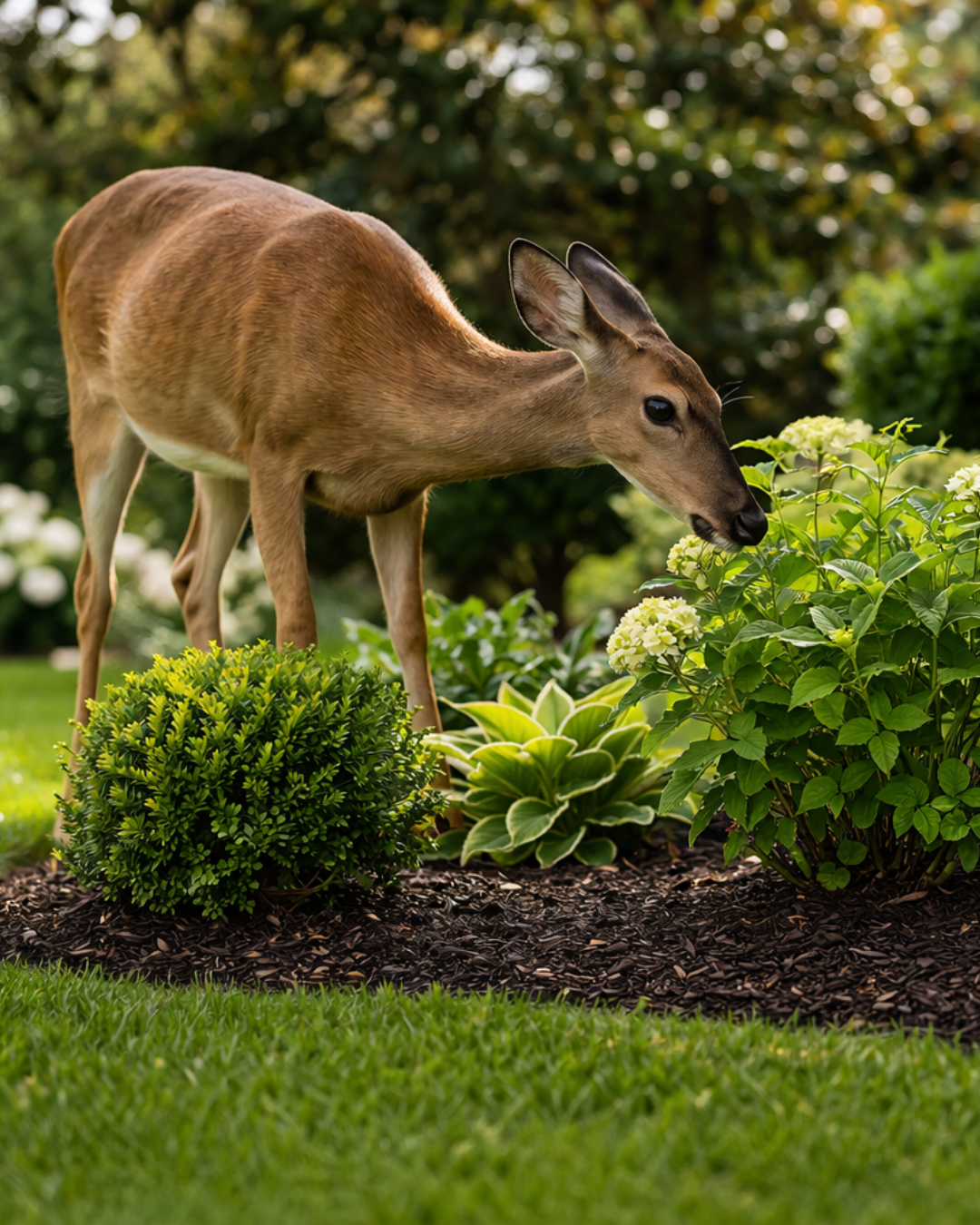 Deer damaging shrubs and flowers in a backyard landscape highlighting need for deer deterrent service