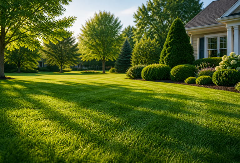 Serene suburban lawn in warm sunlight