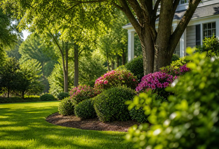 Sunny suburban yard with a curved flower bed of pink azaleas and neatly trimmed evergreens in front of a light house under a large tree.