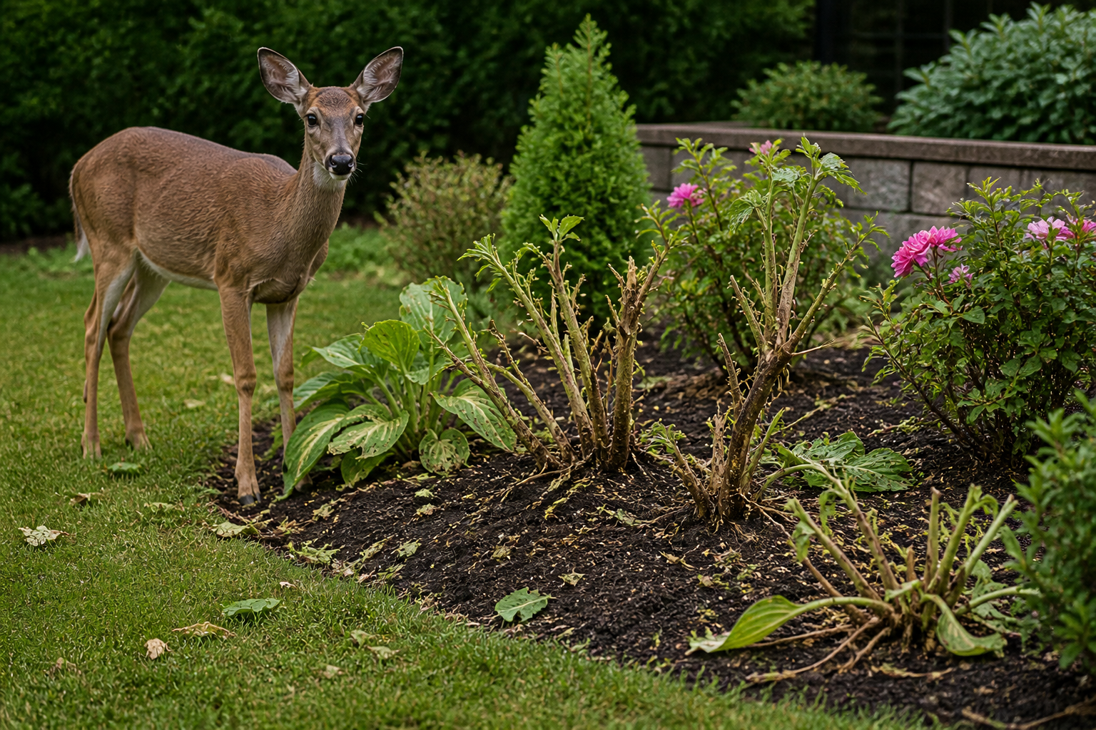 Deer eating plants in landscaped garden causing damage to shrubs and flowers