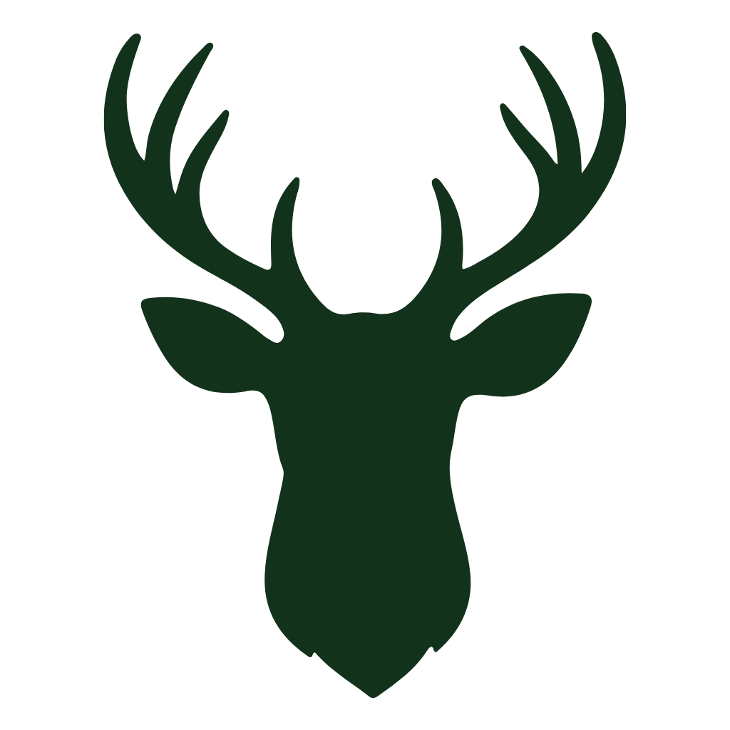 Dark green deer head silhouette with large antlers on black background