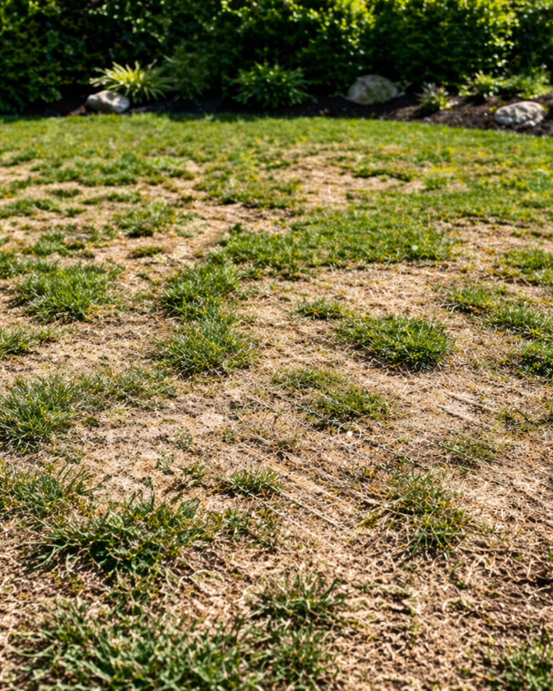 Patchy lawn with sparse green grass and dry soil, plants and rocks along a shrub border in the background
