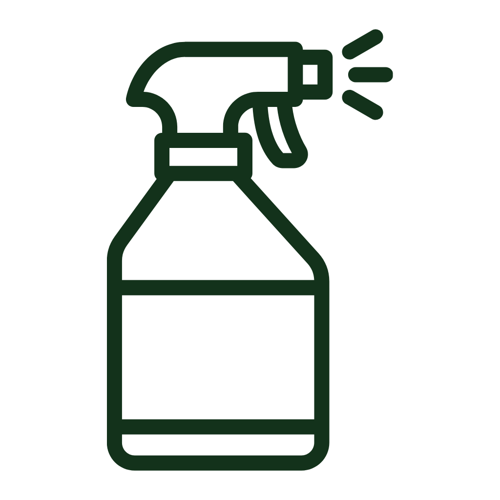 Spray bottle icon commonly used for cleaning tasks, shown in a dark green silhouette with spray nozzle to the right