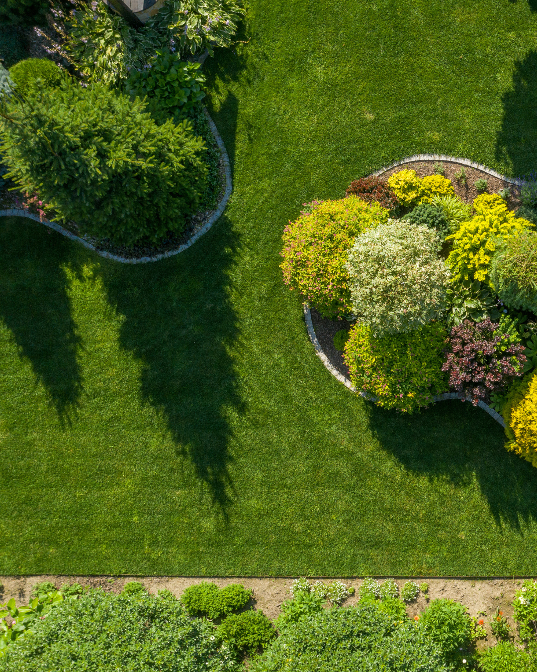 Aerial view of a neatly mowed green lawn with curved flower beds and shrubs.